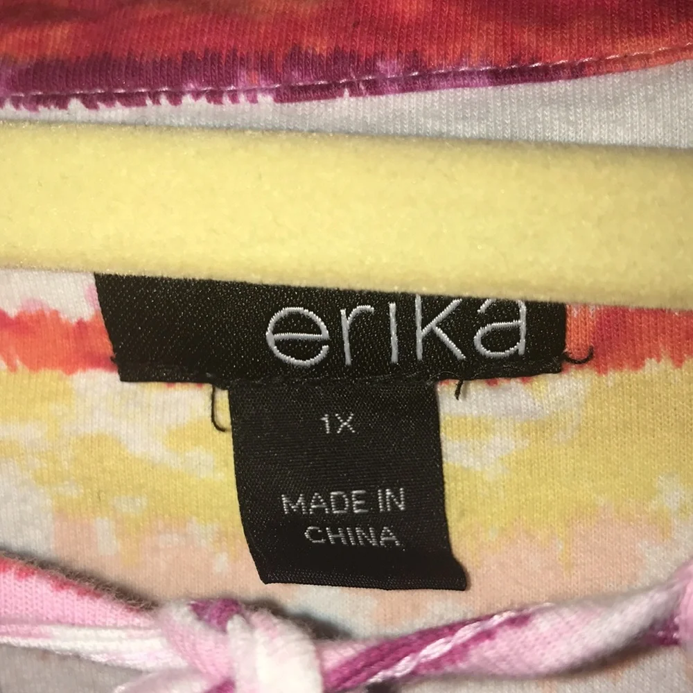 Erika 1X Women’s 3/4 Sleeve Scoop Tie Neck Pink Purple Red White Stripes